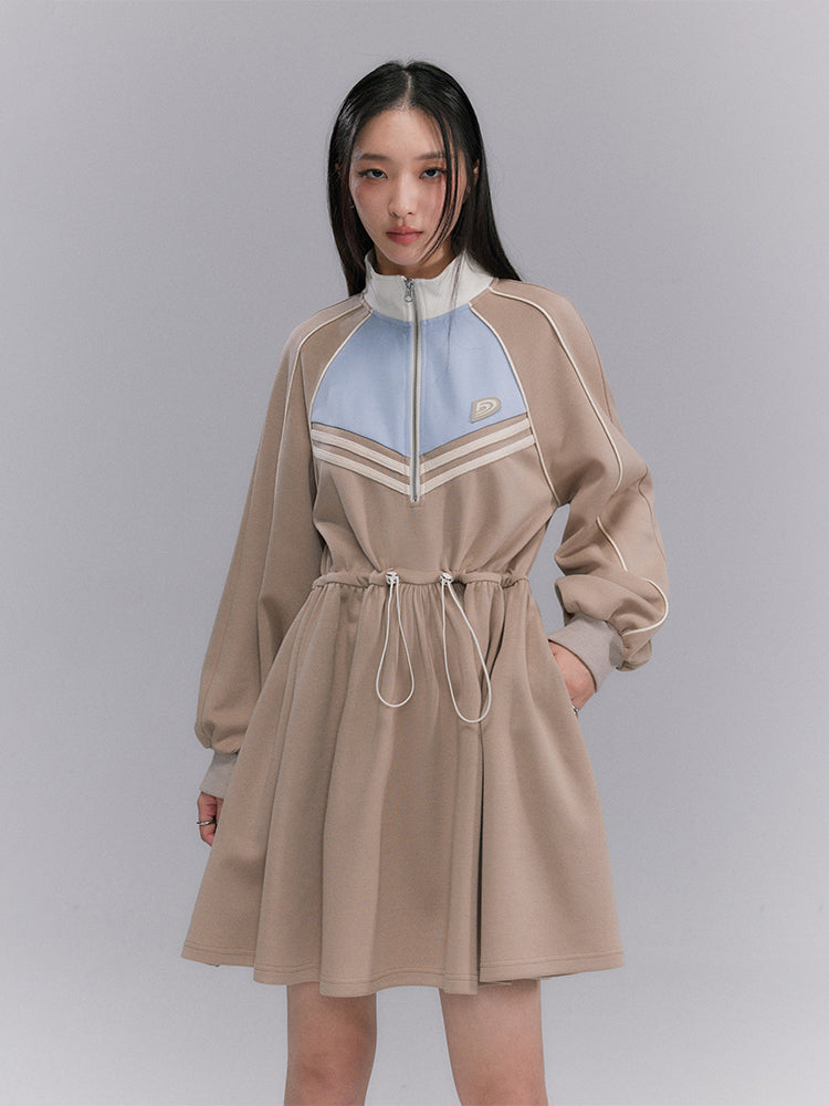 Sporty Flare Stand-Collar Drawstring Jumpsuit - chiclara