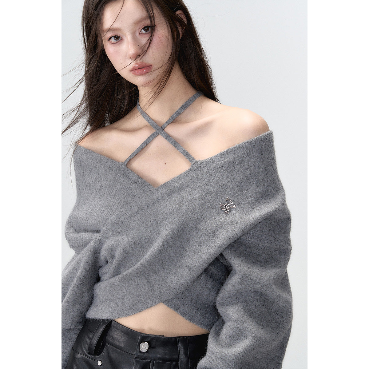 Grey Crossed Knit Halter Top - chiclara