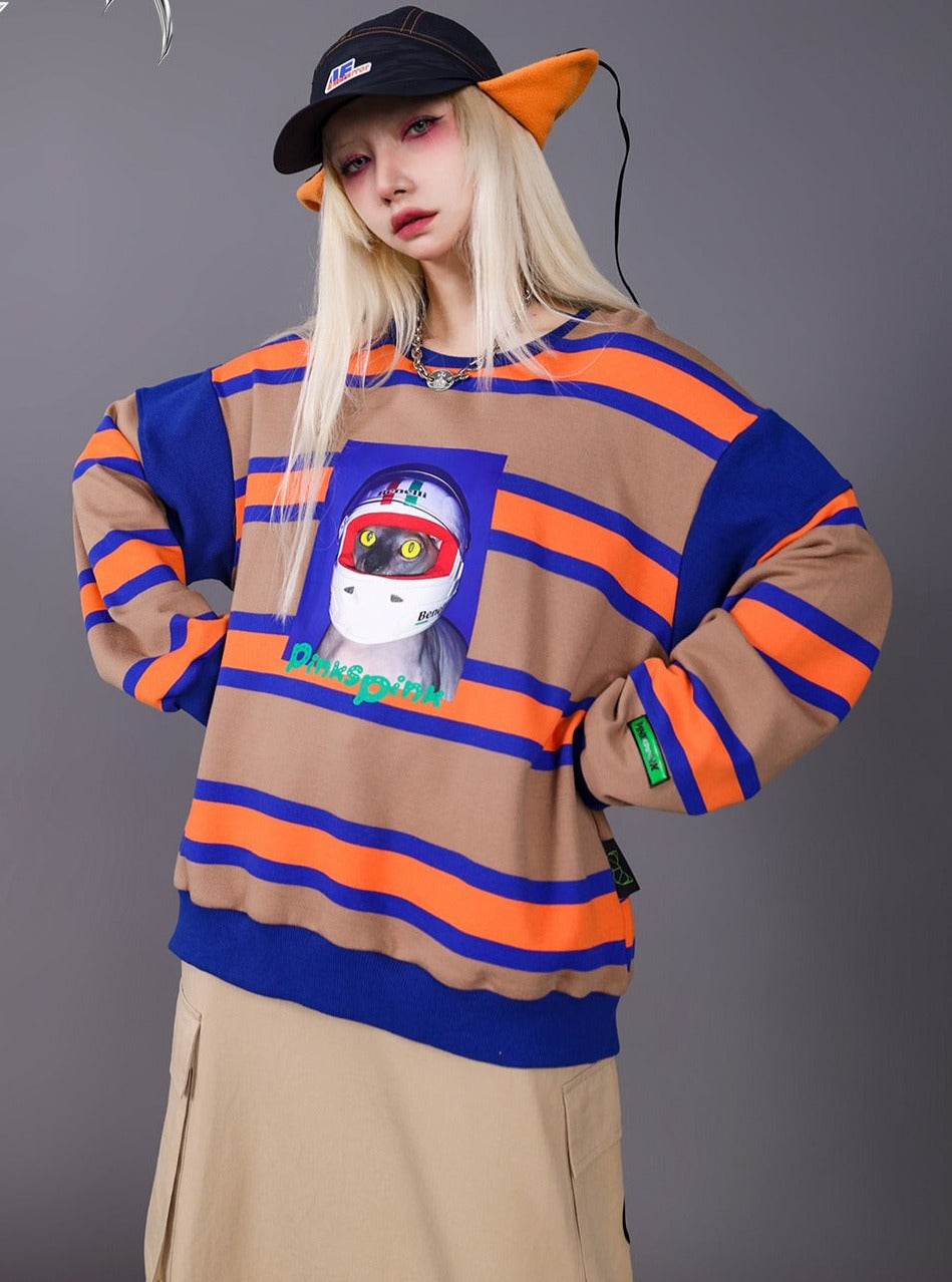 PINKSPINK Cat Astronaut Striped Oversized T-Shirt - Multiple Colors (Unisex)