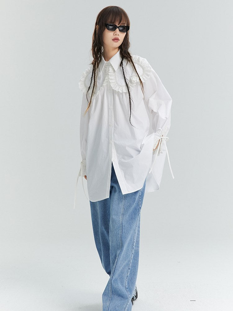 Lace Frill Loose Drawstring Shirt Dress - chiclara