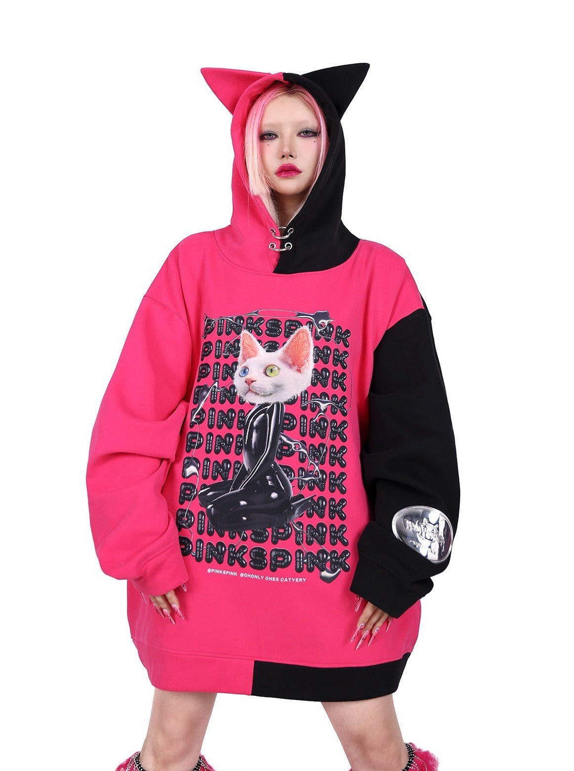 PINKSPINK Cat Graphic Oversized Hoodie - Hot Pink and Black (Unisex)