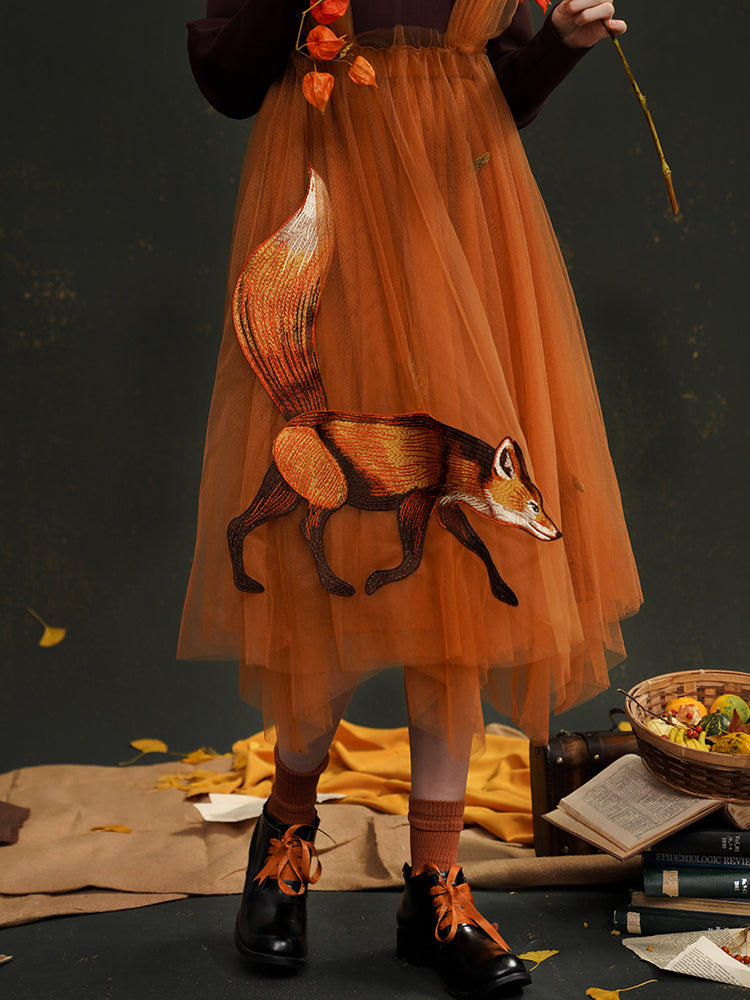 Embroidered Fox Tulle Strap Skirt - chiclara