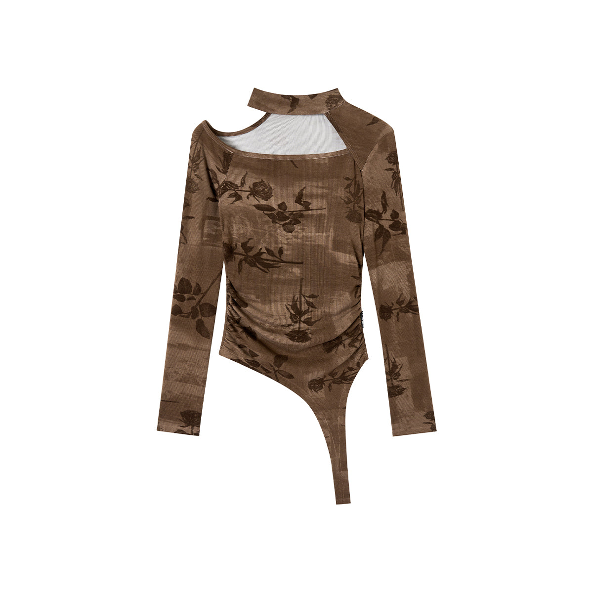 Elegant Rose Print High Collar Top In Brown - chiclara