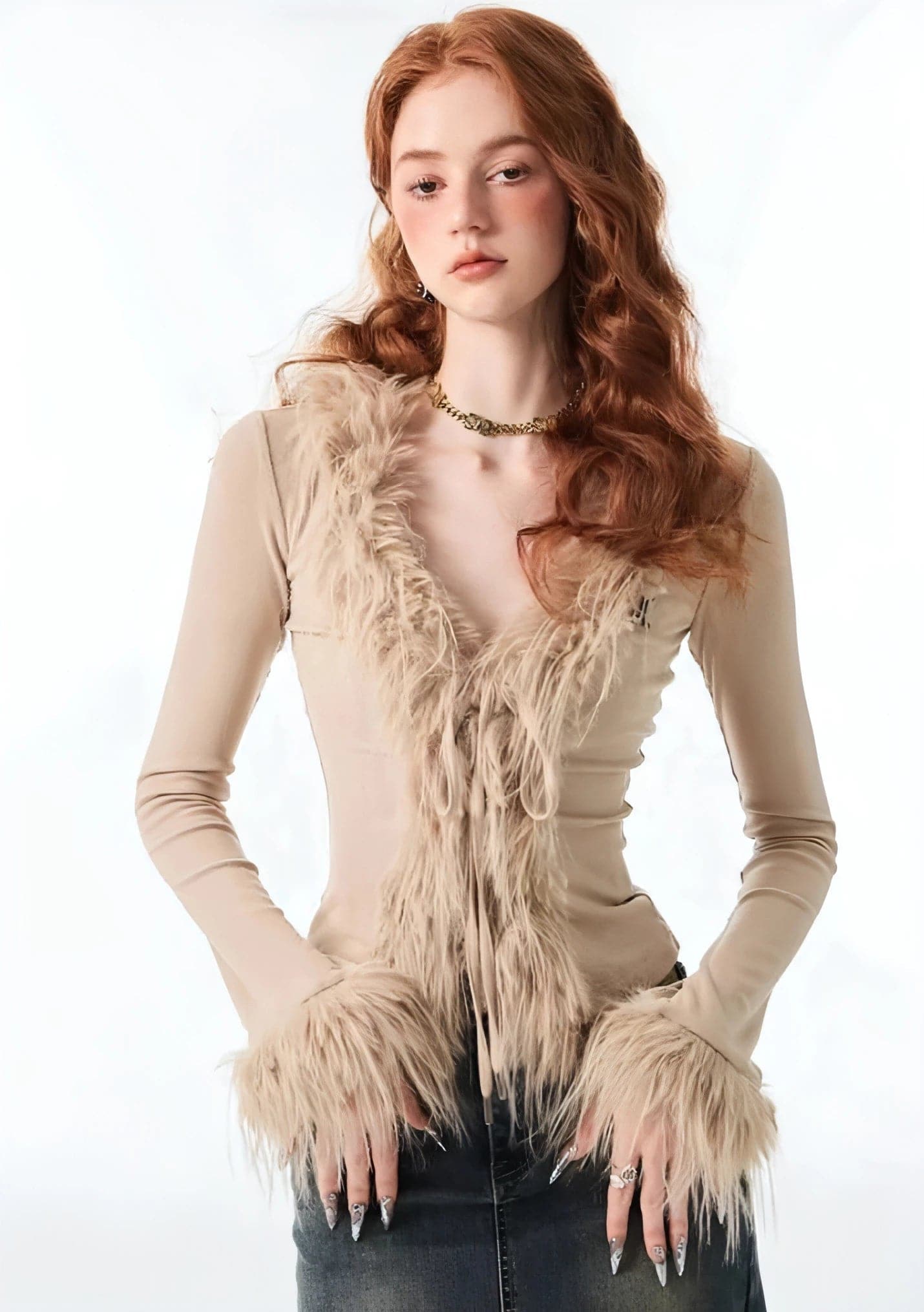 1Jinn Fuzzy Furry Collar Knitwear - chiclara
