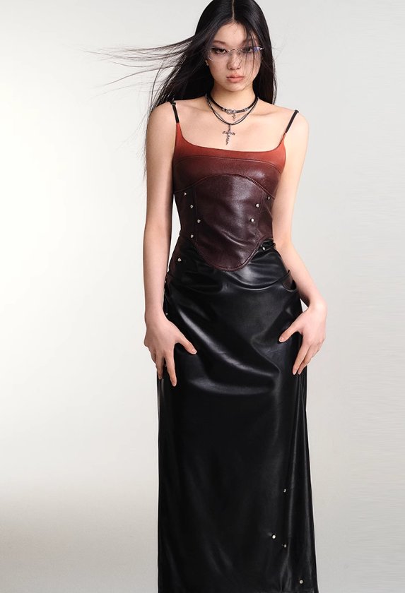 Gradient Studded Leather Camisole Dress - chiclara
