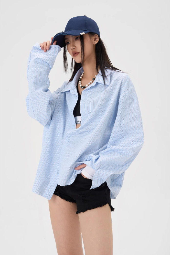 Hot Diamond Striped Long Sleeve Shirt - chiclara