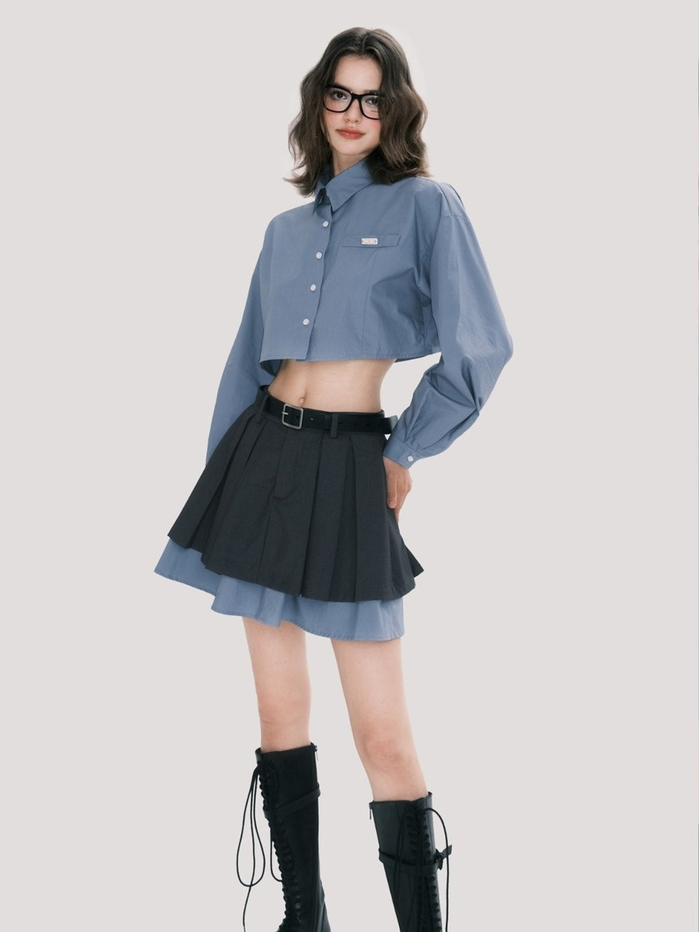 Chic Scholar Cropped Shirt And Pleated Skirt Set - chiclara
