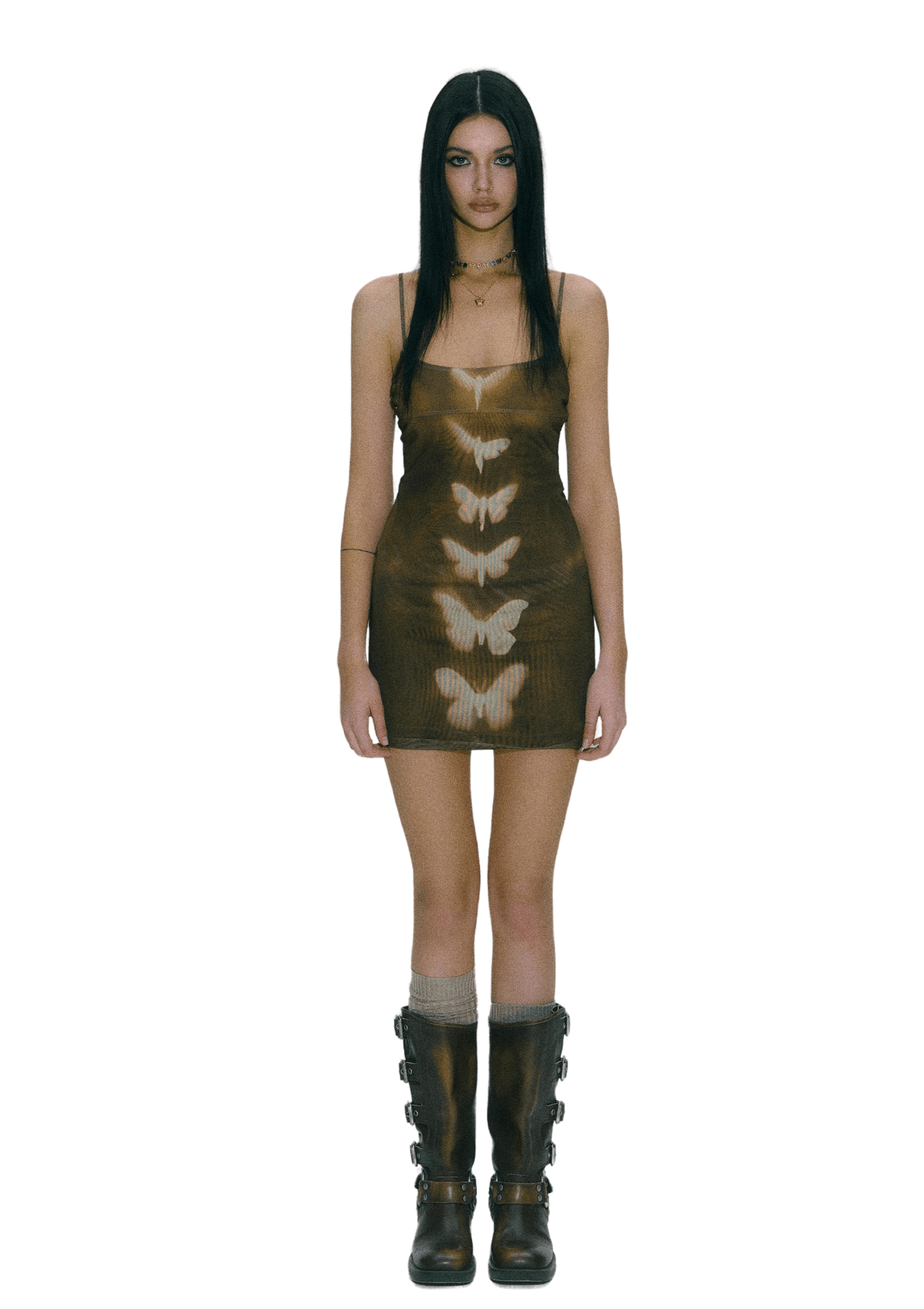 Double-Layer Mesh Butterfly Printed Slip Dress