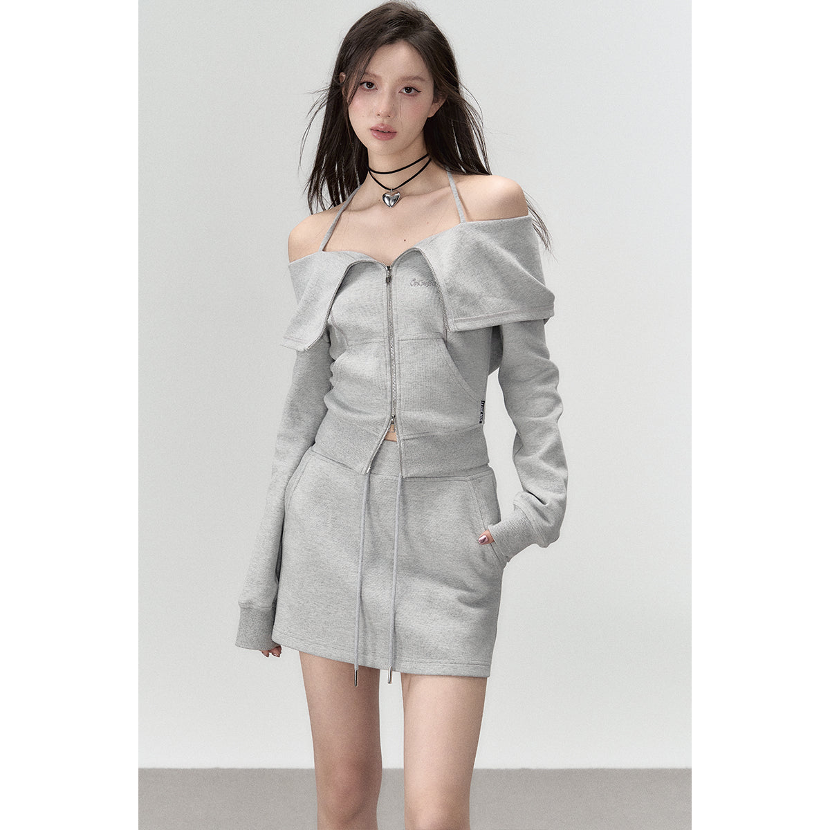Grey Lapel Zip-Up Strap Sweat Top - chiclara