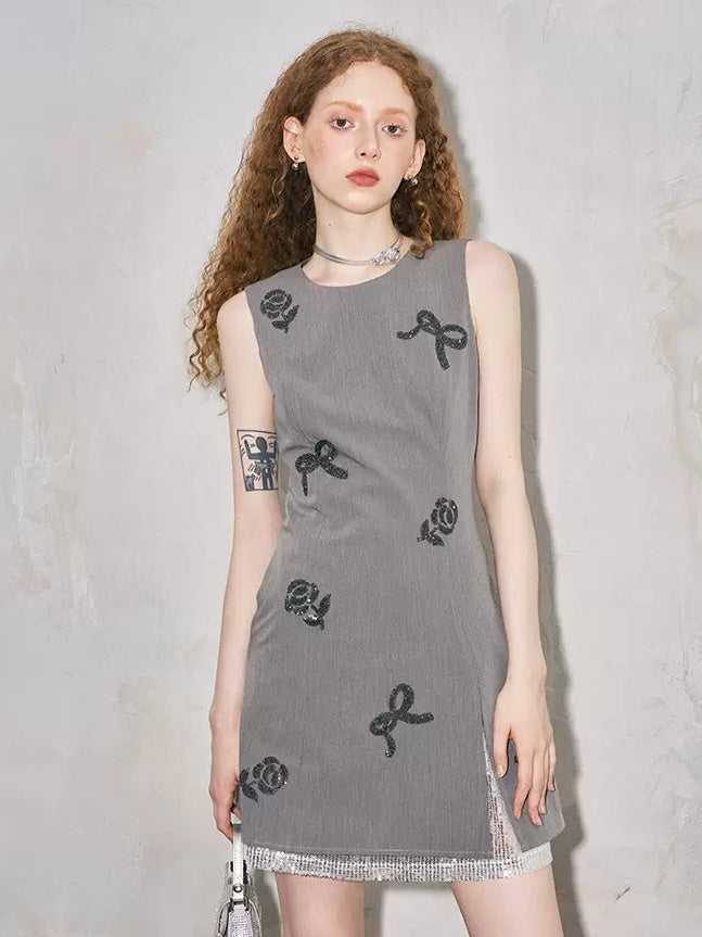 Ribbon＆Flower Sleeveless Waist Slimming One-Piece - chiclara