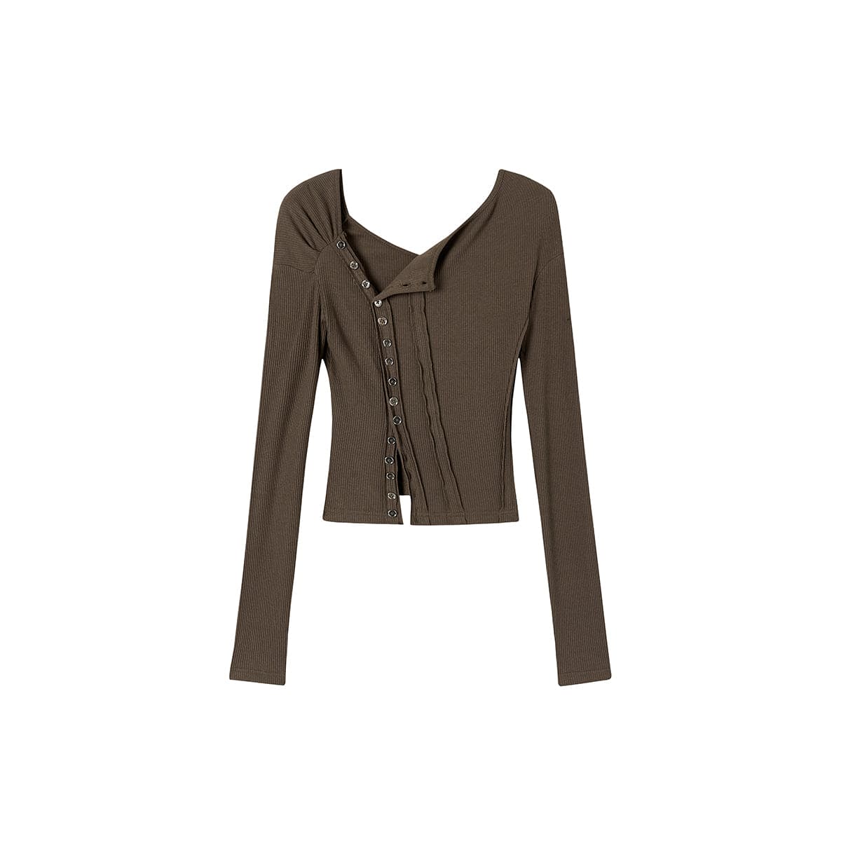 Brown Metal Button Long Sleeve Tee - chiclara