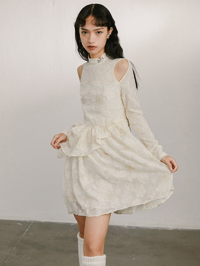 Off-The-Shoulder Long-Sleeved Hollow Dress - chiclara