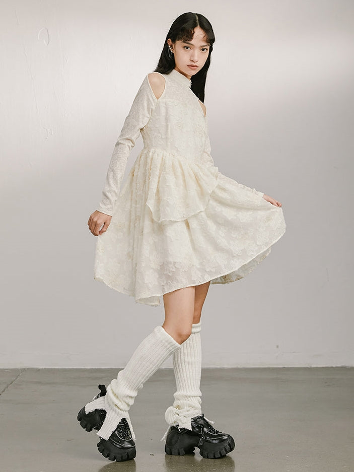 Off-The-Shoulder Long-Sleeved Hollow Dress - chiclara