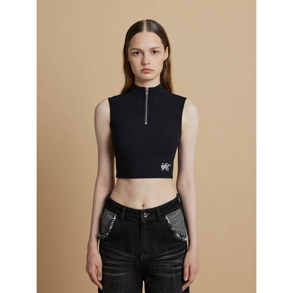 Black Nylon Half-Zip Tank Top - chiclara