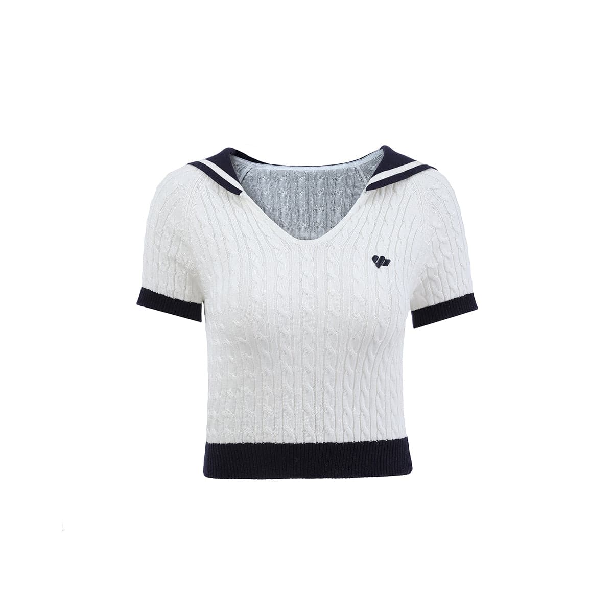 White Knit Crop Top With Embroidered Sailor Collar - chiclara