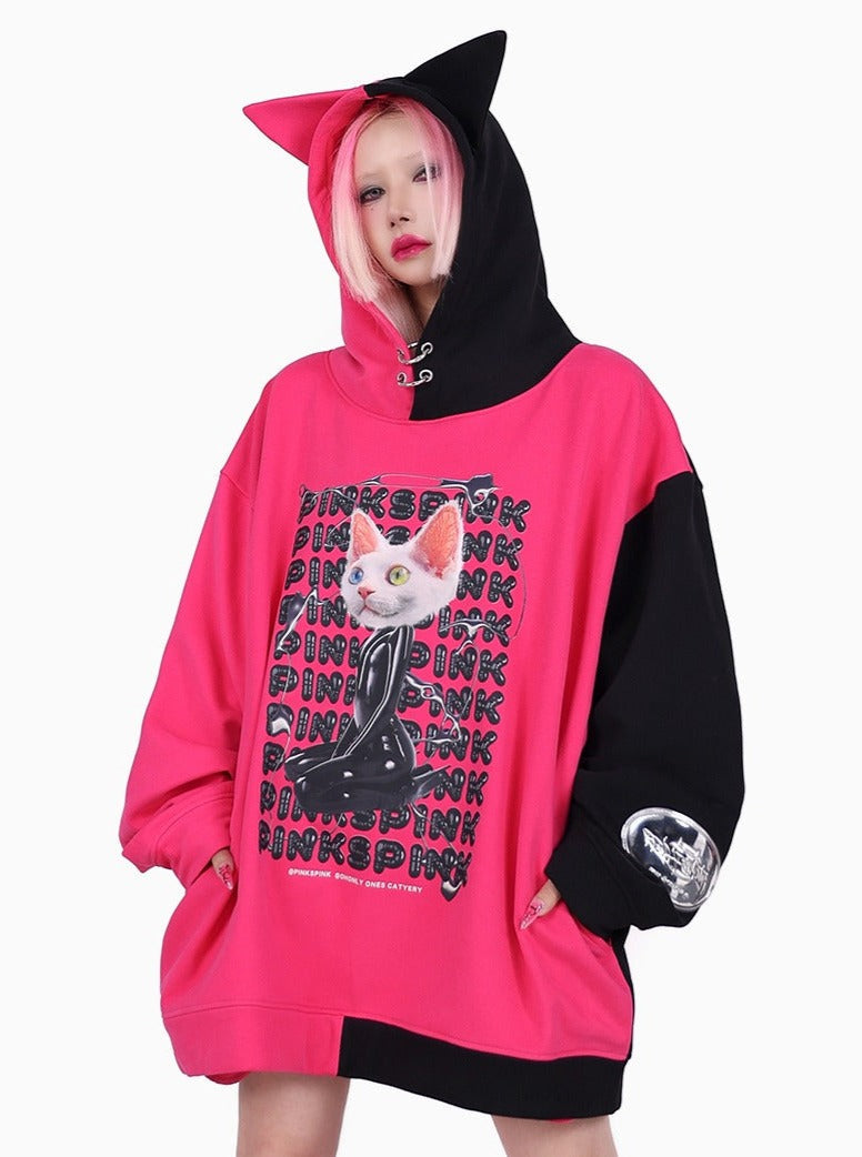 PINKSPINK Cat Graphic Oversized Hoodie - Hot Pink and Black (Unisex)