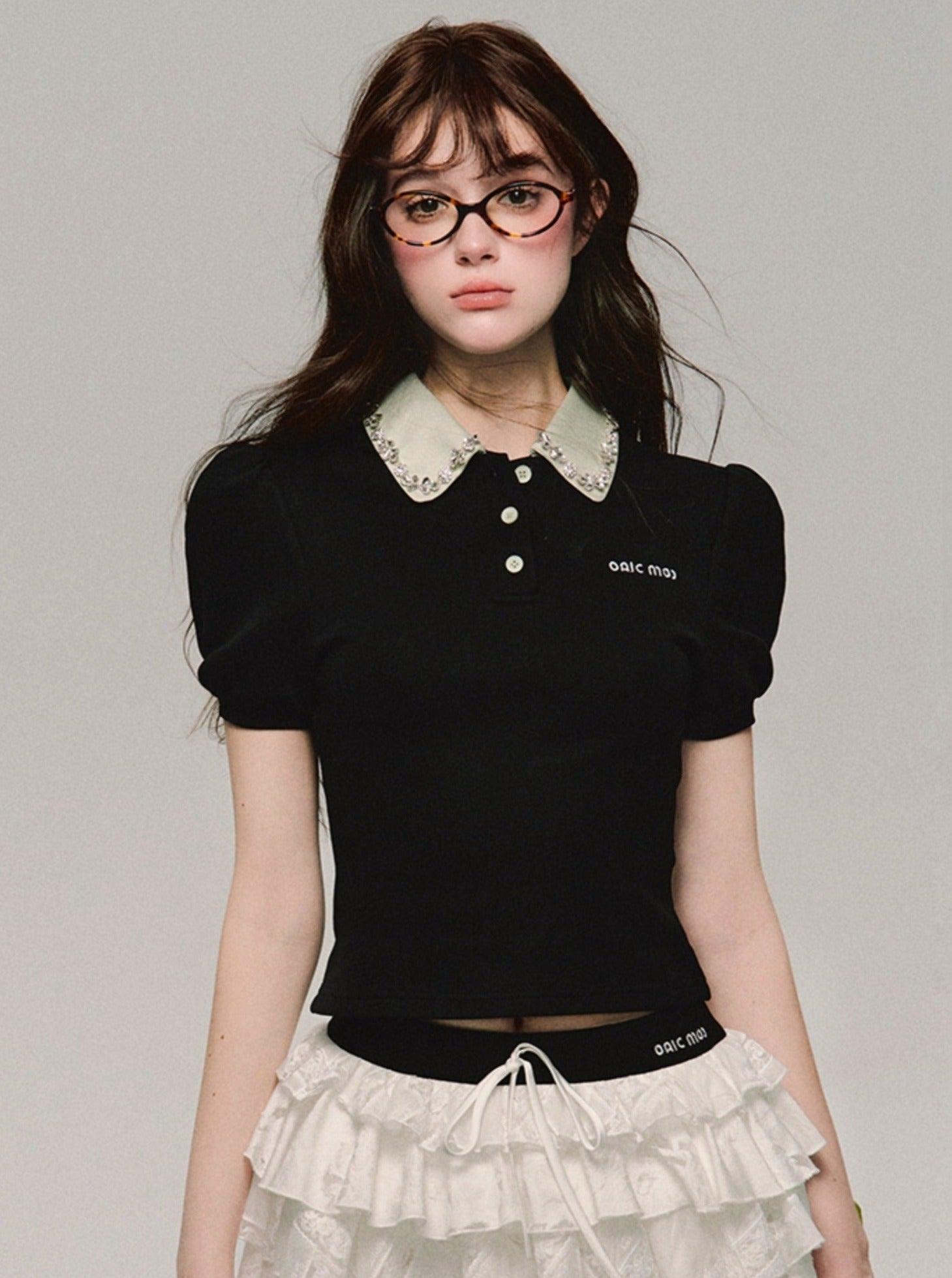 Vintage Charm Embellished Collar Polo - chiclara