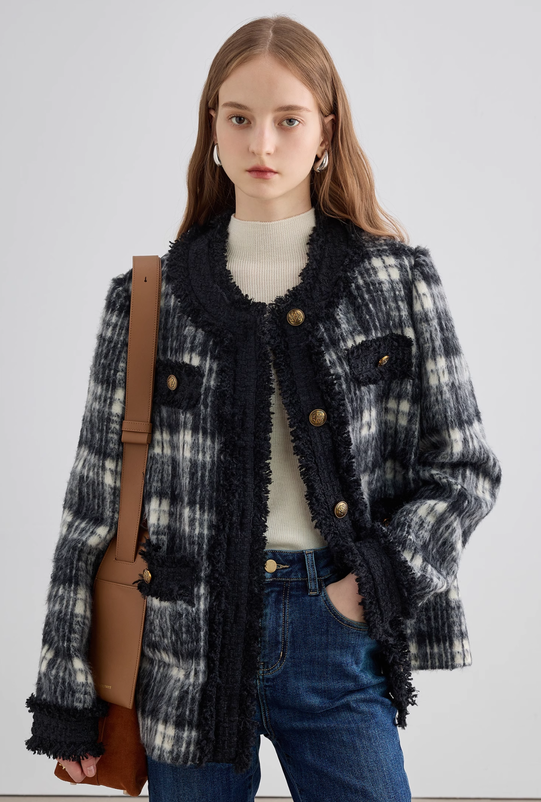Monotone Check Collar Short Coat - chiclara