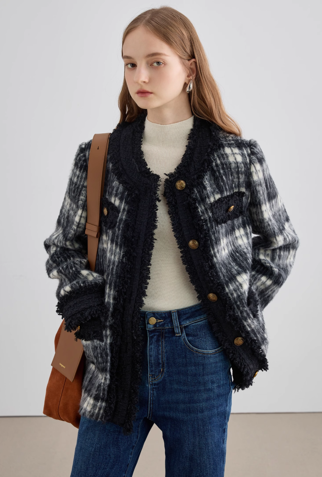 Monotone Check Collar Short Coat - chiclara