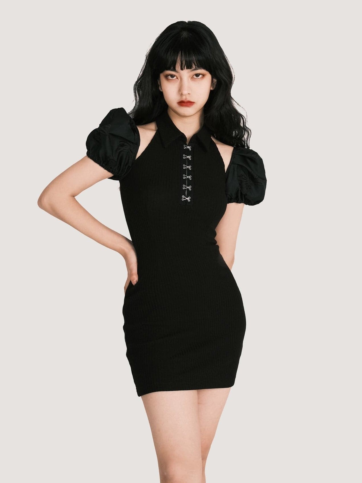 Midnight Puff Accent Bodycon Dress - chiclara