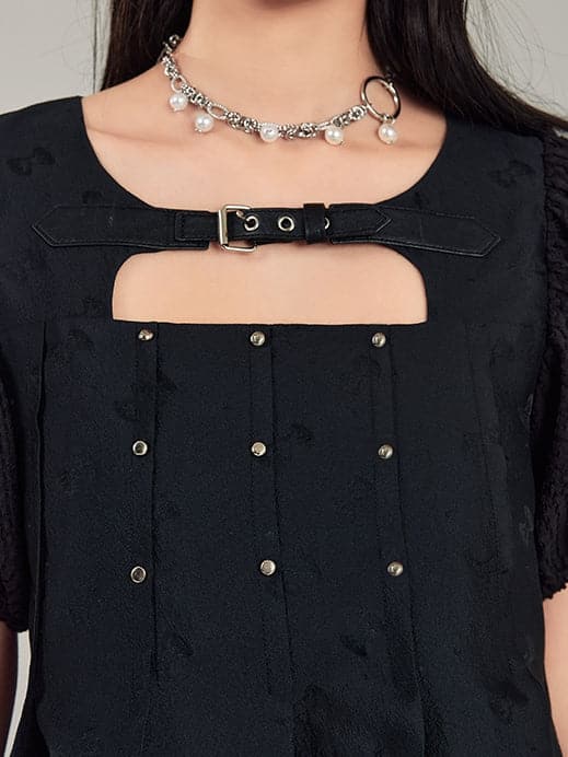 Black Leather Rivet Buckle Dress - chiclara