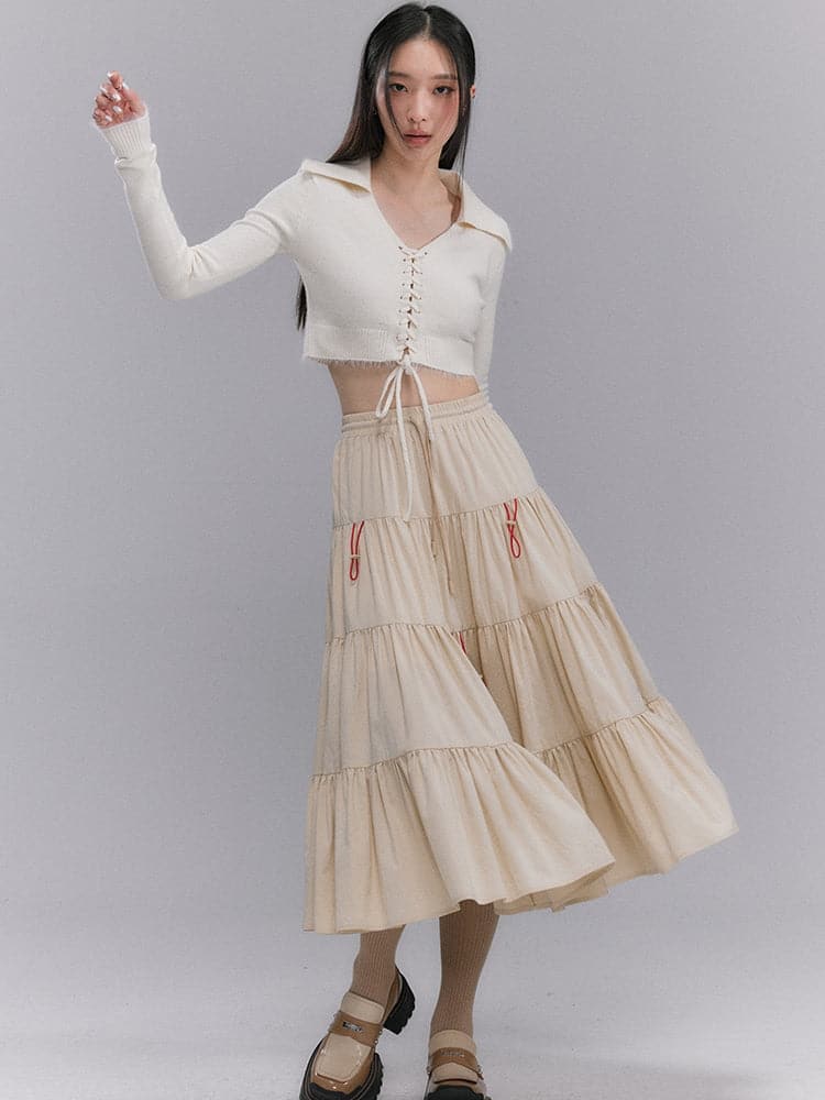 Crumply Flare Drawstring Tiered Long-Skirt - chiclara