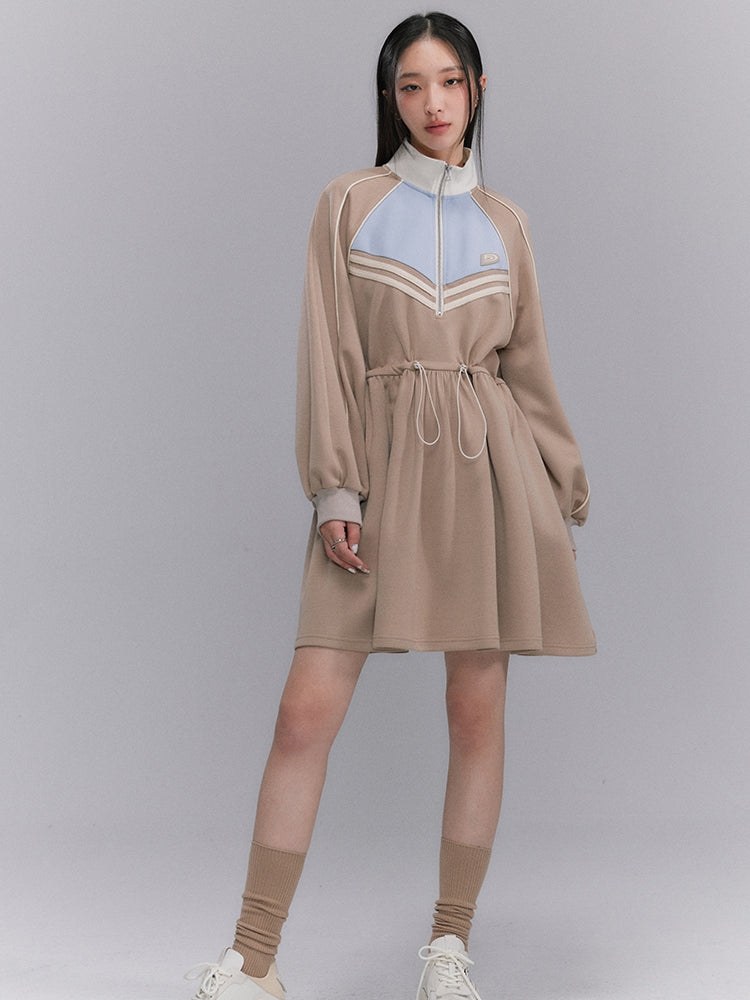 Sporty Flare Stand-Collar Drawstring Jumpsuit - chiclara