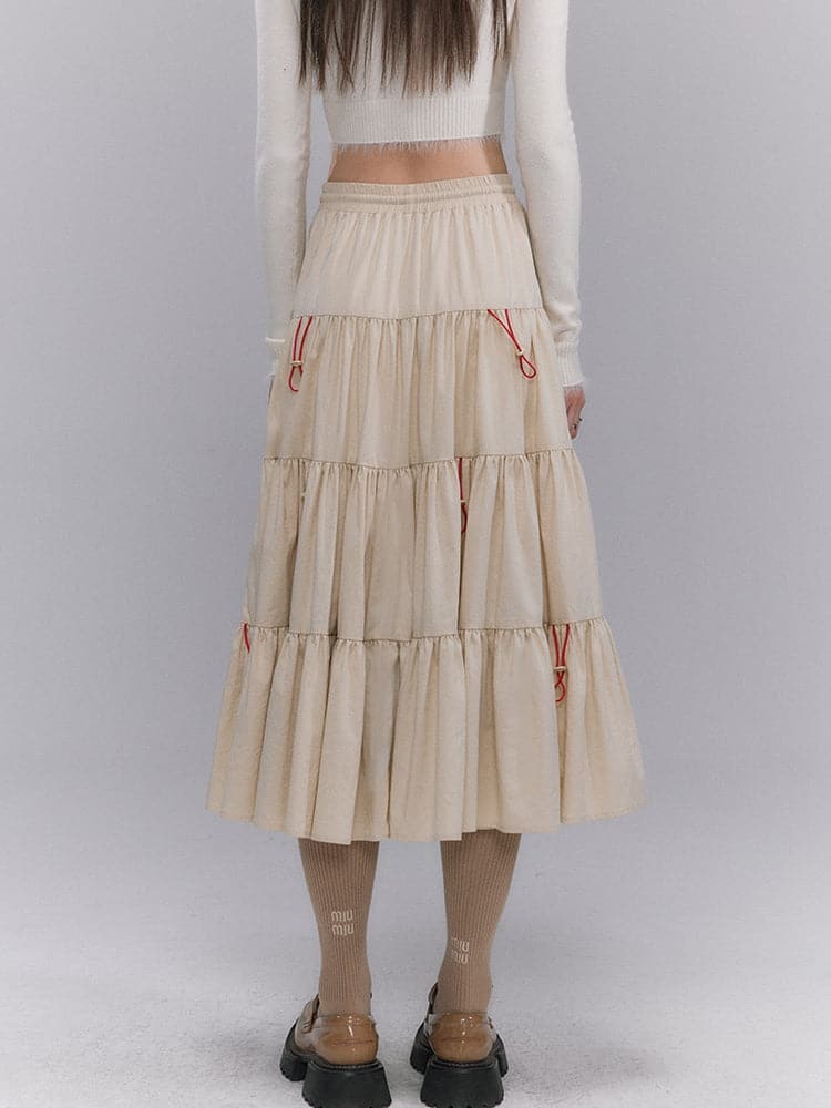 Crumply Flare Drawstring Tiered Long-Skirt - chiclara