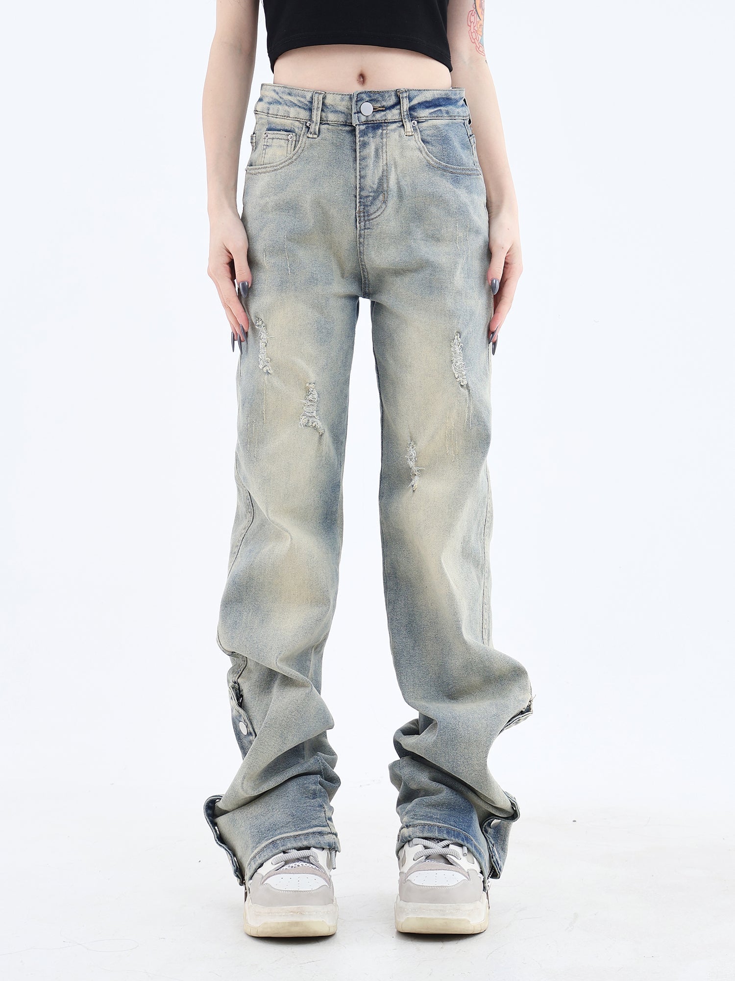 Washed Jeans with Side Zippers - chiclara