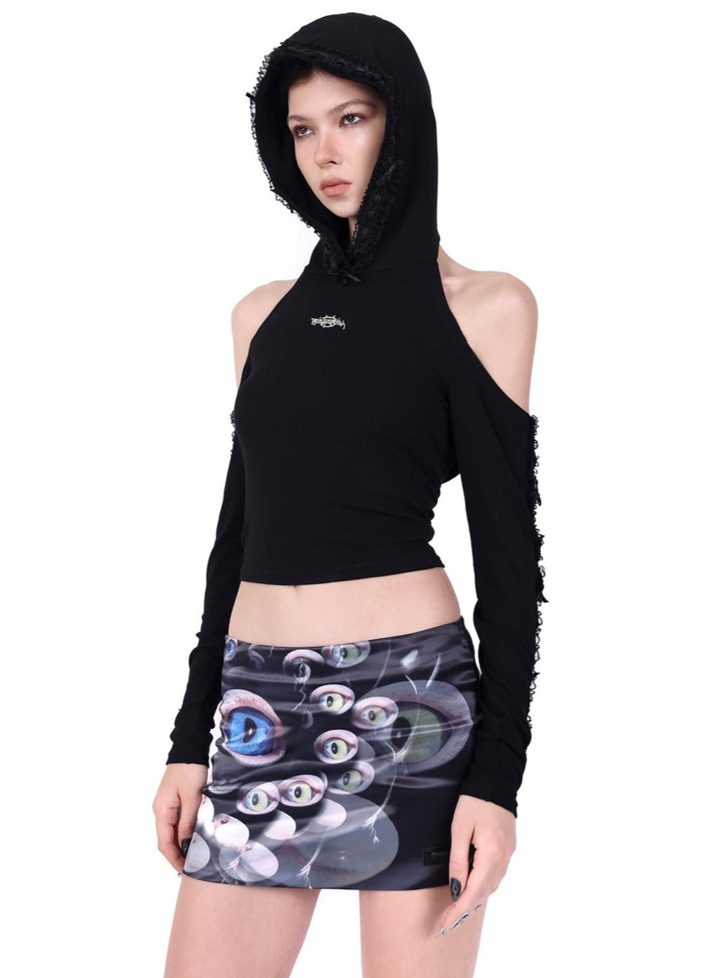 PINKSPINK Asymmetric Hooded Crop Top - Black