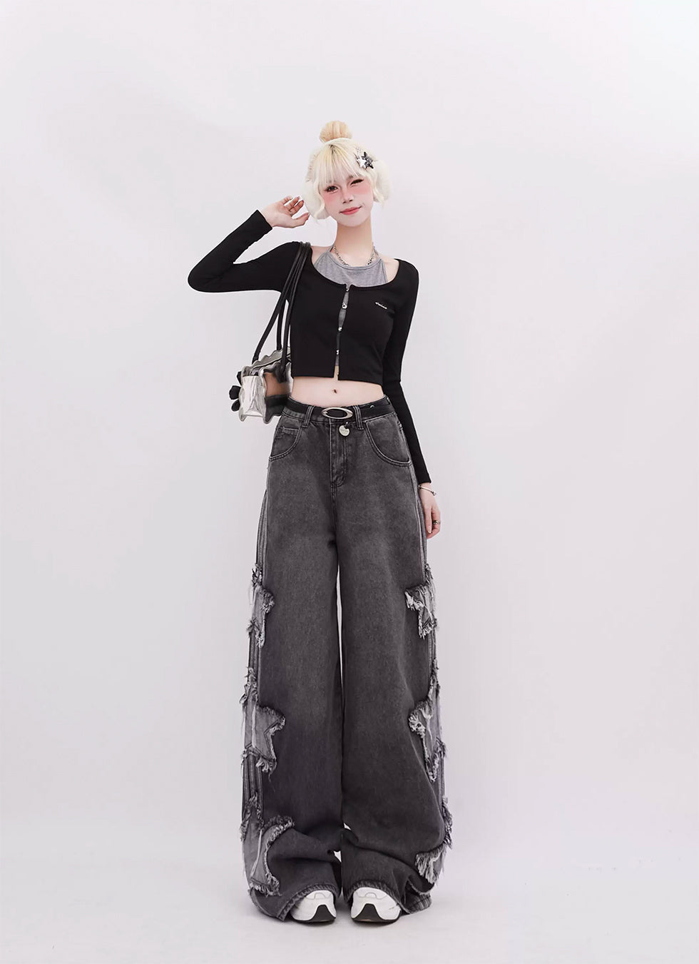 Patch Embroidered Star Wide Leg Jeans - chiclara