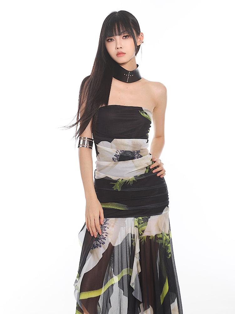 Elegant Floral Mesh Tube Top Dress - chiclara