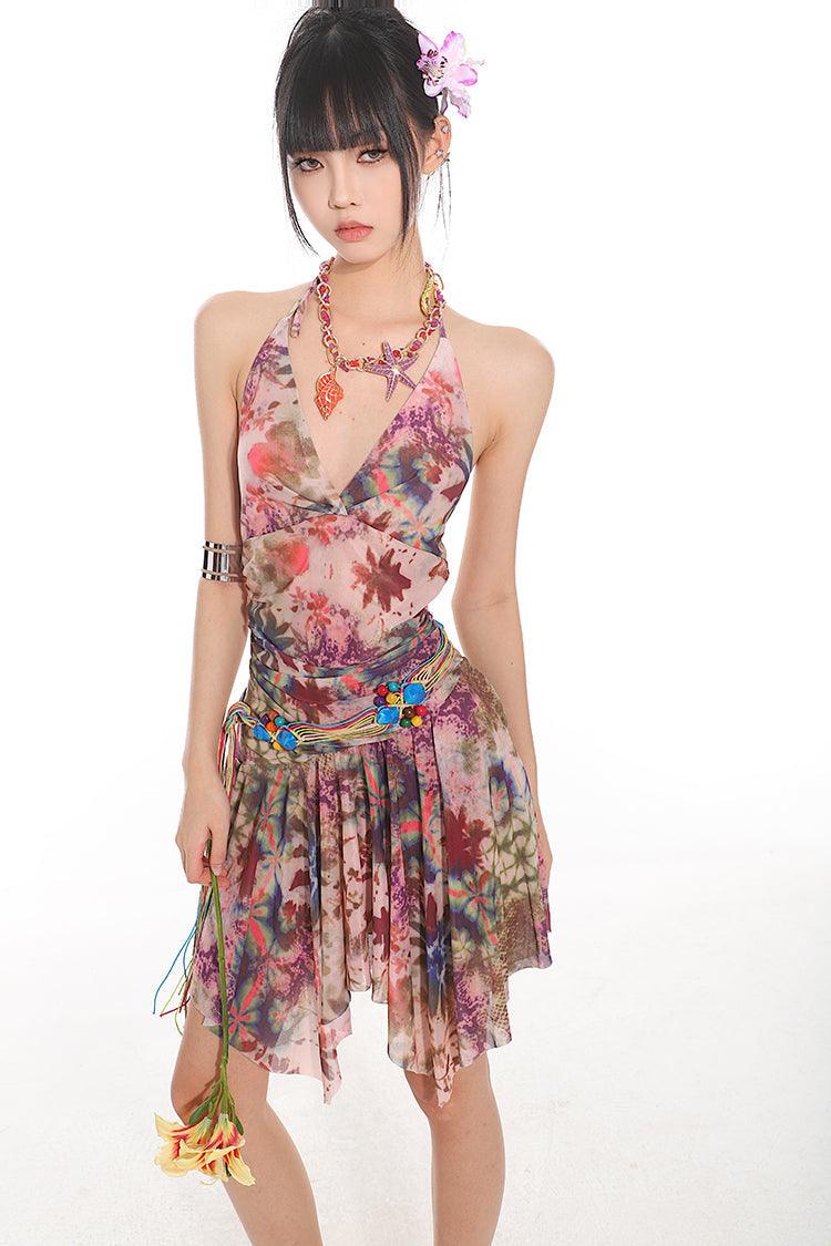 Tropical Mesh Halter Neck Resort Dress - chiclara