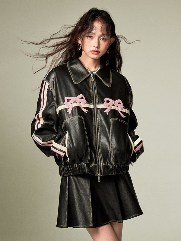 Retro Color-Painted Leather Jacket With Bowknot Detail - chiclara
