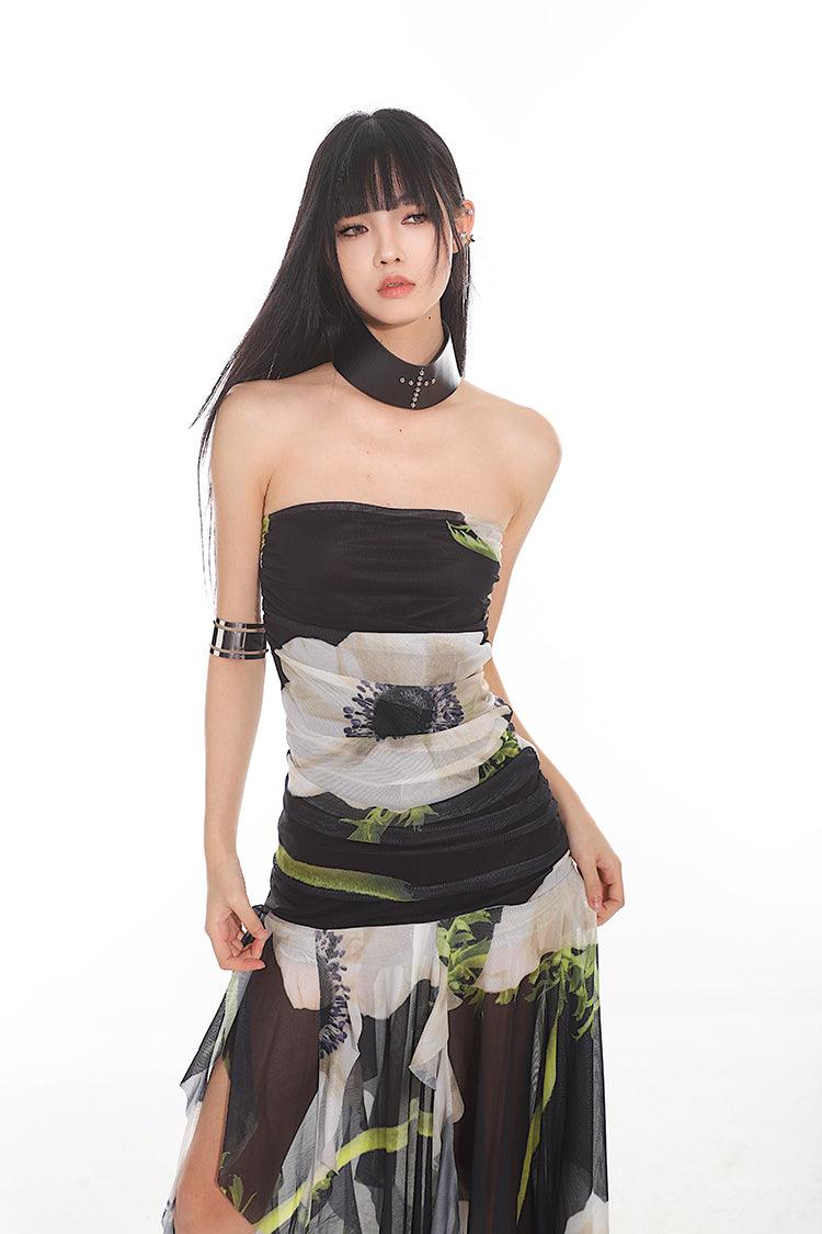 Elegant Floral Mesh Tube Top Dress - chiclara