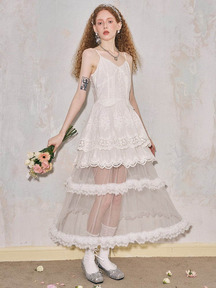 Romantic Hollow Embroidery Lace Camisole Dress - chiclara