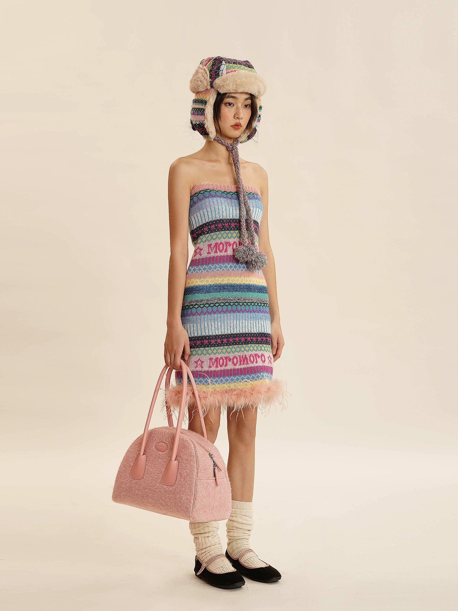 Retro Colorful Fair Isle Stripe Jacquard Ostrich Feather Tube Dress - chiclara