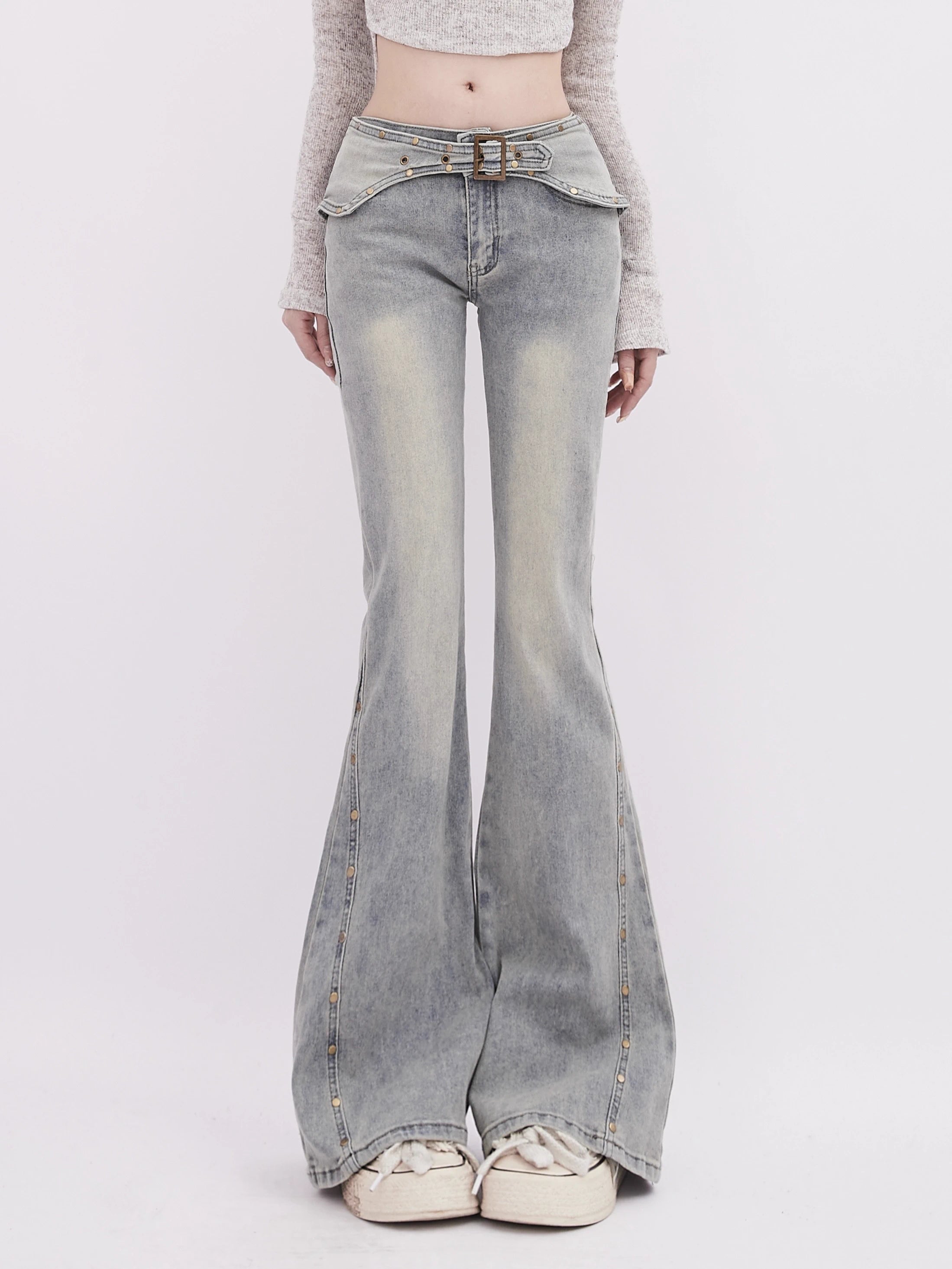 Retro Flared Jeans With Rivet Belt Detail - chiclara
