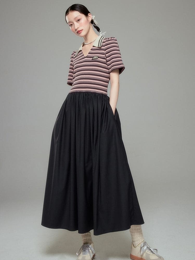 Striped Long Sleeve Polo Dress - chiclara