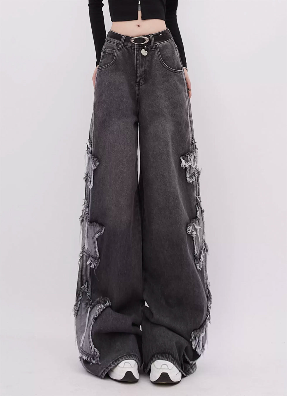 Patch Embroidered Star Wide Leg Jeans - chiclara