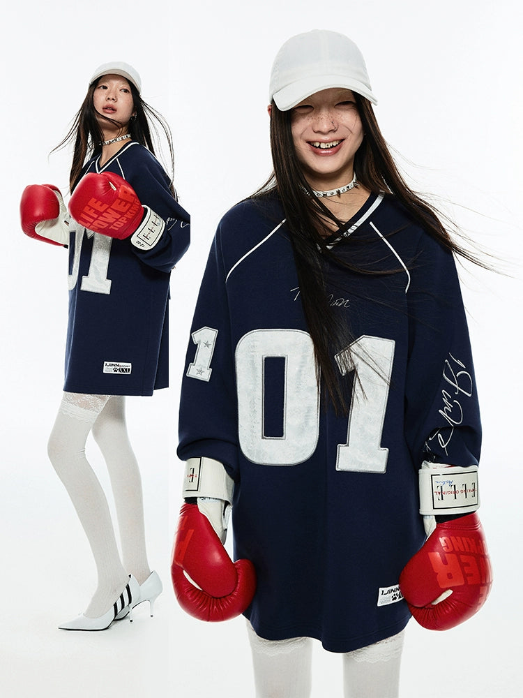Oversized Varsity V-Neck Tee - chiclara