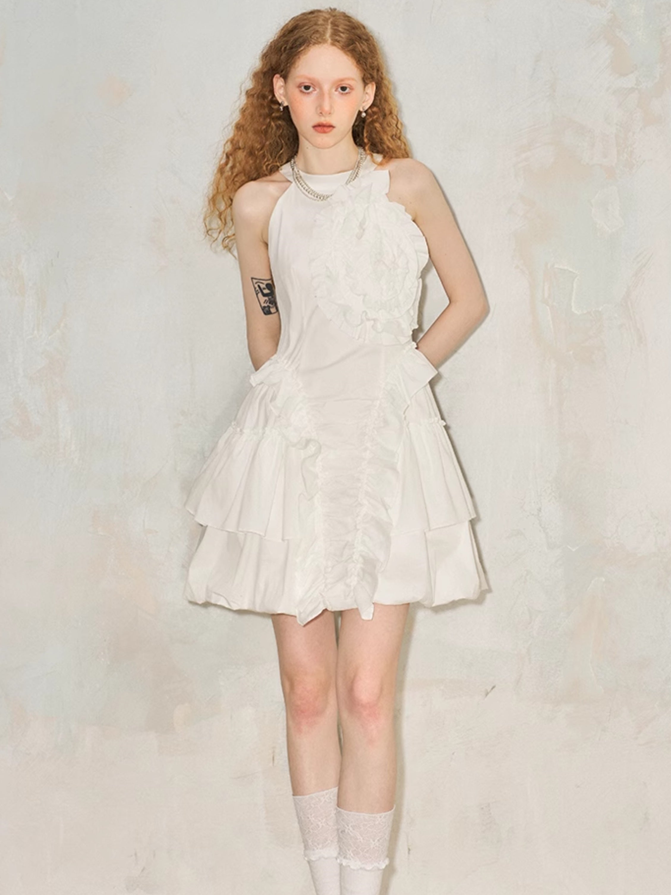 Irregular Pleated Three-Dimensional Rose American Sleeve Dress - chiclara