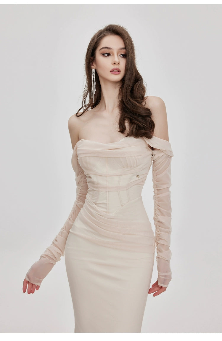 Elegant Off-The-Shoulder Mesh Fishtail Midi Dress - chiclara