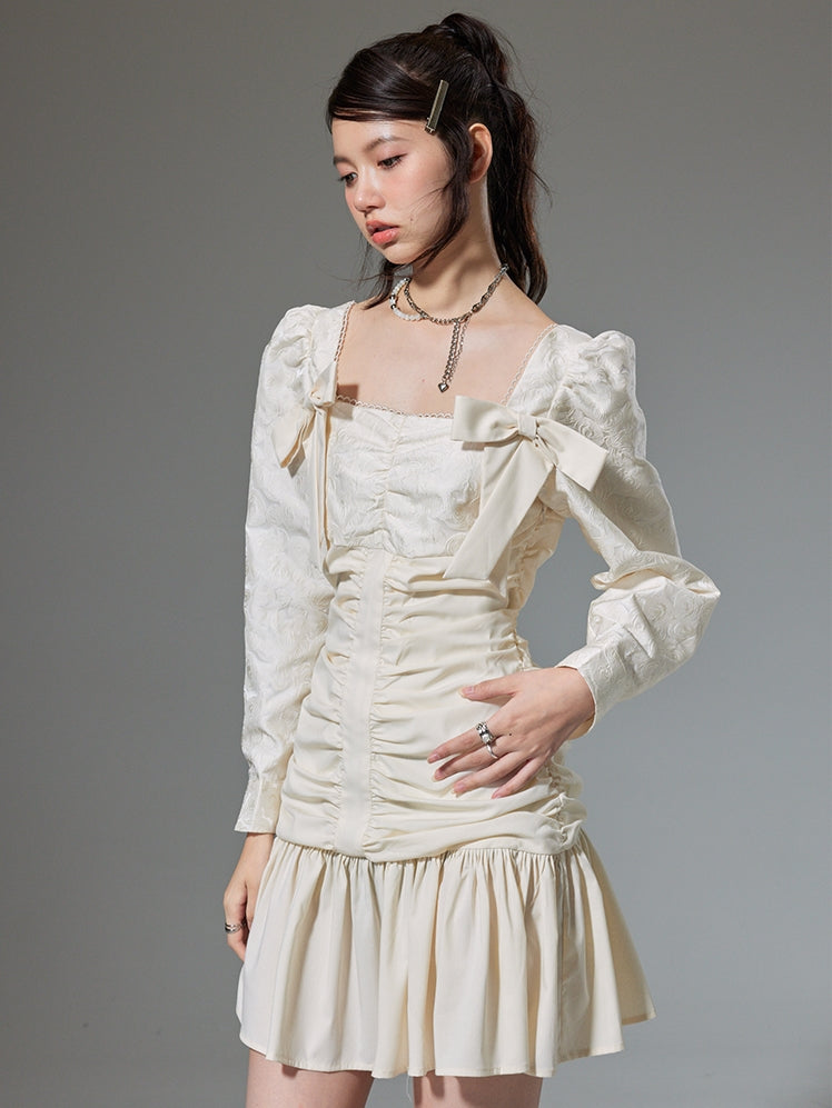 Pleated Waist Square Neck Long Sleeve Dress - chiclara