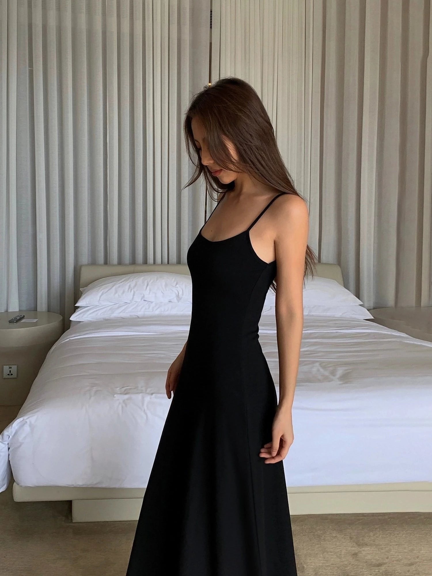 Summer Black Slimming Spaghetti Strap Midi Dress - chiclara