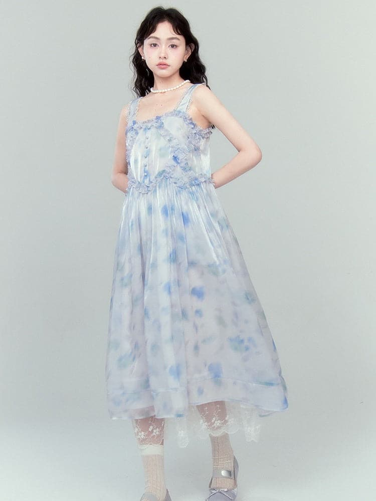 Long Dress With Printing Suspenders - chiclara