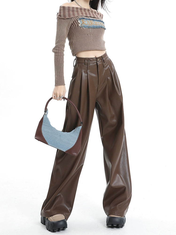 Coffee Wide-Leg Pu Leather Pants - chiclara