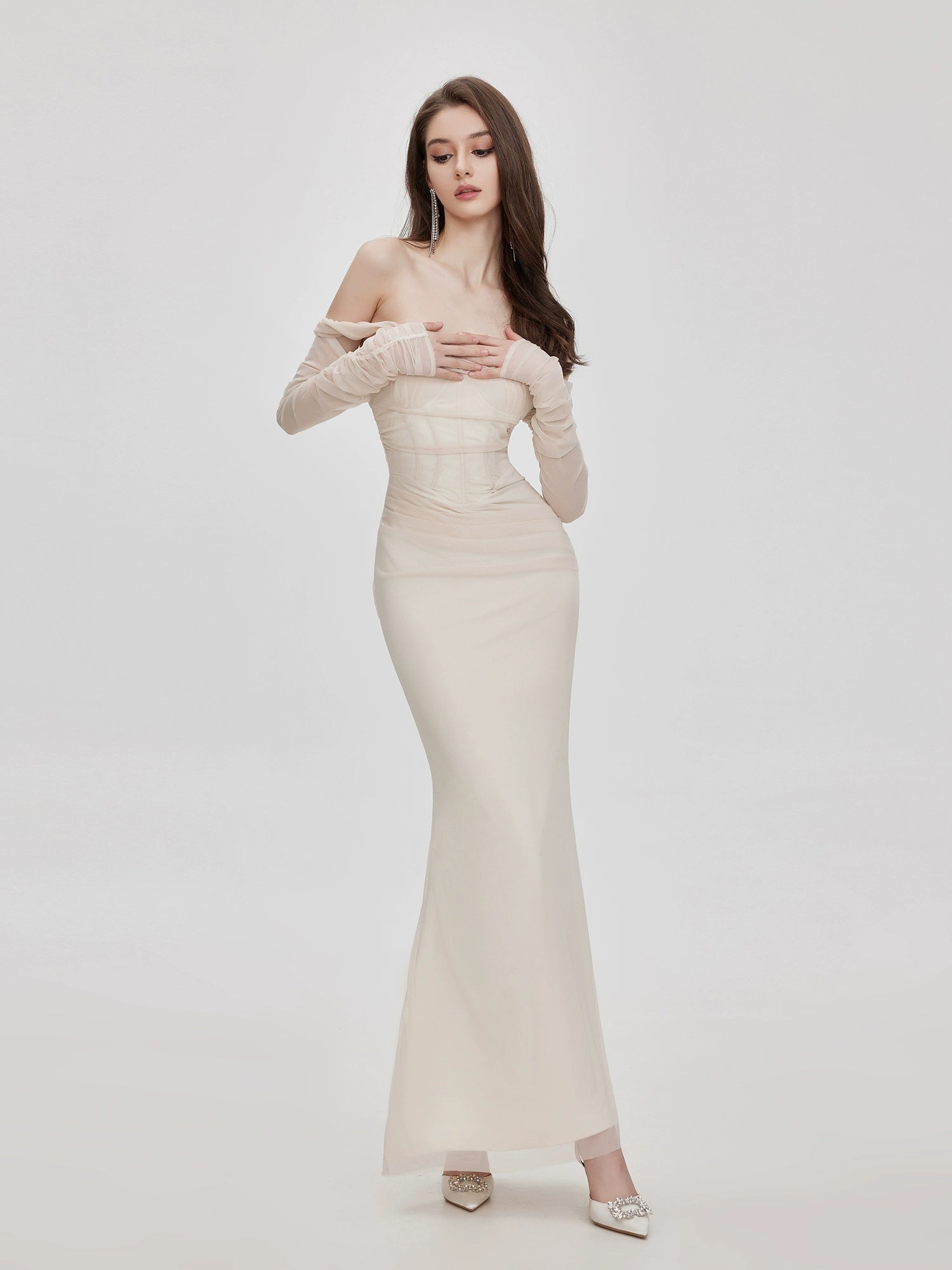 Elegant Off-The-Shoulder Mesh Fishtail Midi Dress - chiclara