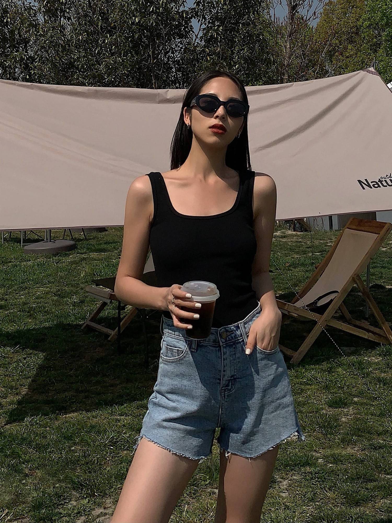 Summer Collection - Black Knitted Square Neck Camisole Top - chiclara
