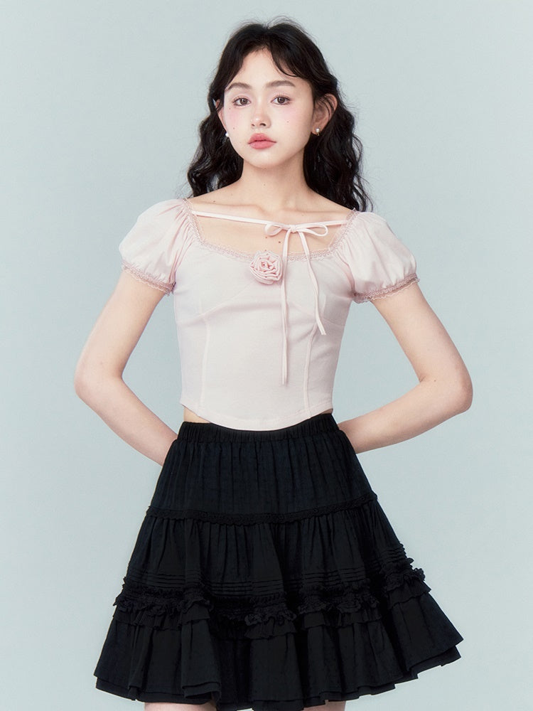 Rose Desire T-Shirt: Square Neck With Puff Sleeves - chiclara